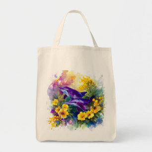 Watercolor Ocean Dolphins Tropical Flowers Tote Bag