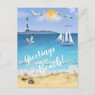 Watercolor Ocean Front Scene Lighthouse Seagulls Postcard