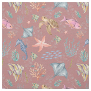 Watercolor Ocean Life Dusty Dark Strawberry Fabric