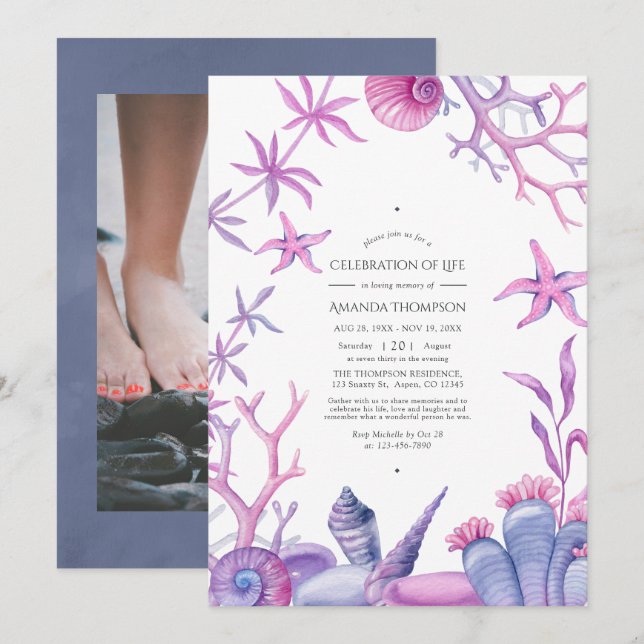 Watercolor Ocean Life Nautical Celebration of Life Invitation (Front/Back)