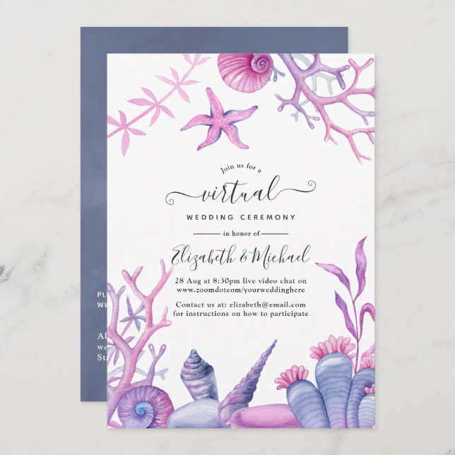 Watercolor Ocean Life Online Virtual Wedding Invitation (Front/Back)