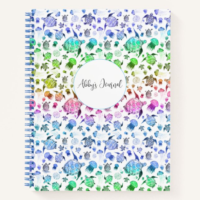 Watercolor Ocean Life Pattern in Rainbow Colorway Notebook (Front)