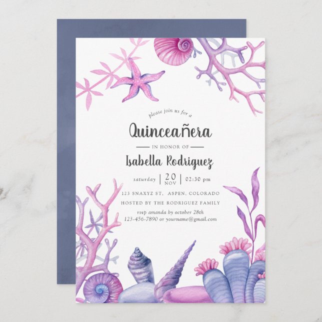 Watercolor Ocean Life Quinceañera Invitation (Front/Back)