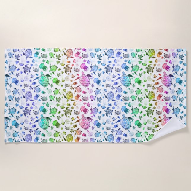 Watercolor Ocean Life - Rainbow Colours Beach Towel (Front)