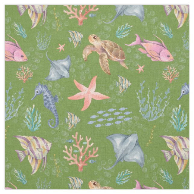 Watercolor Ocean Life Textured Avocado Fabric (Swatch)
