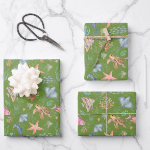 Watercolor Ocean Life Textured Avocado Wrapping Paper Sheet