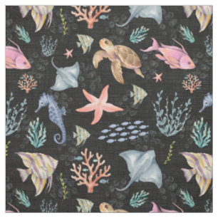 Watercolor Ocean Life Textured Black Fabric