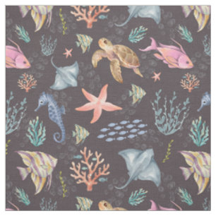 Watercolor Ocean Life Textured Dark Brown Fabric