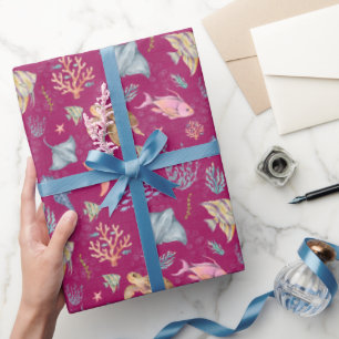 Watercolor Ocean Life Textured Dark Pink Wrapping Paper