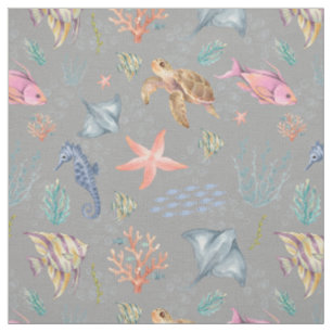 Watercolor Ocean Life Textured Grey Fabric