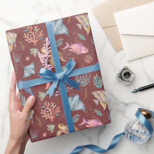 Watercolor Ocean Life Textured Grey Sangria Wrapping Paper
