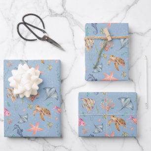 Watercolor Ocean Life Textured Light Blue Wrapping Paper Sheet