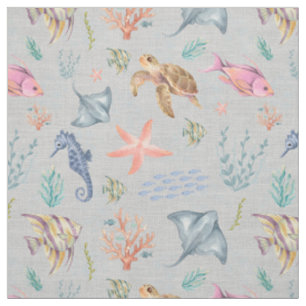 Watercolor Ocean Life Textured Light Grey Fabric