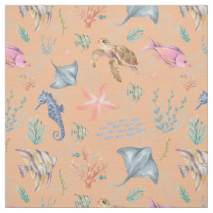 Watercolor Ocean Life Textured Light Orange Fabric