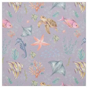 Watercolor Ocean Life Textured Light Purple Fabric
