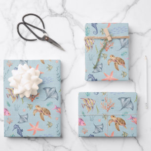 Watercolor Ocean Life Textured Pastel Blue Wrapping Paper Sheet