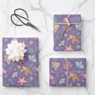 Watercolor Ocean Life Textured Purple Wrapping Paper Sheet