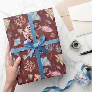 Watercolor Ocean Life Textured Sangria Wrapping Paper