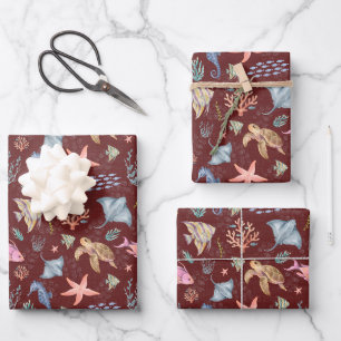 Watercolor Ocean Life Textured Sangria Wrapping Paper Sheet