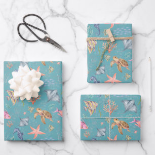 Watercolor Ocean Life Textured Turquoise Wrapping Paper Sheet