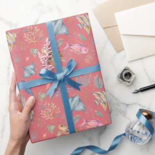 Watercolor Ocean Life Textured Watermelon Wrapping Paper