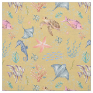 Watercolor Ocean Life Textured Yellow Fabric
