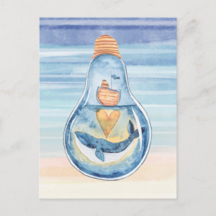 Watercolor Ocean Light bulb Humpback Whale Ship Postcard