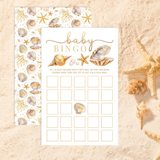 Watercolor Ocean Little Pearl Baby Shower Bingo Ga (Baby Bingo Game Card)