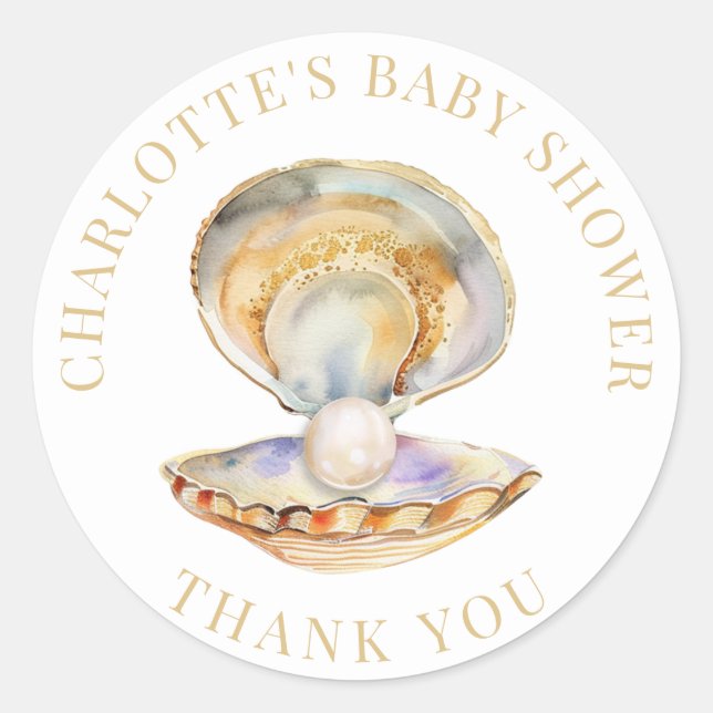 Watercolor Ocean Little Pearl Baby Shower  Classic Round Sticker (Front)