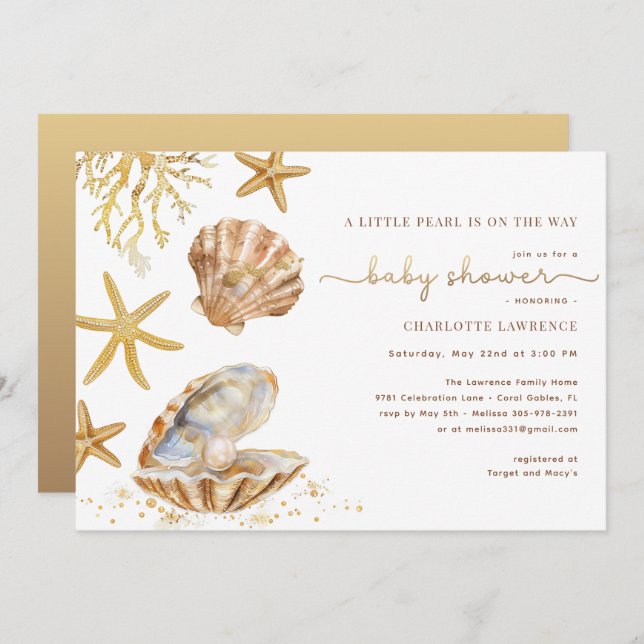 Watercolor Ocean Little Pearl Baby Shower  Invitation (Front/Back)