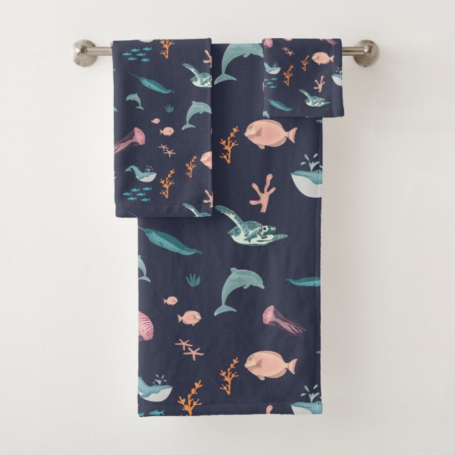Watercolor Ocean Sea Animals Blue Pattern Bath Towel Set (Insitu)