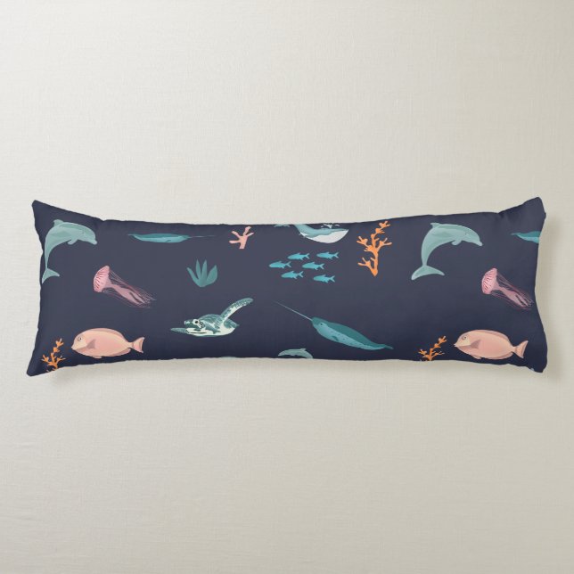 Watercolor Ocean Sea Animals Blue Pattern Body Cushion (Front)