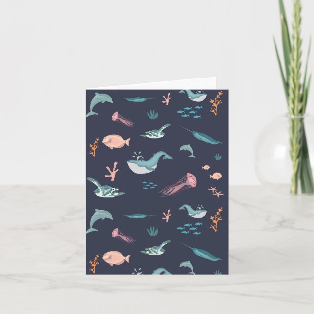 Watercolor Ocean Sea Animals Blue Pattern Card (Front)