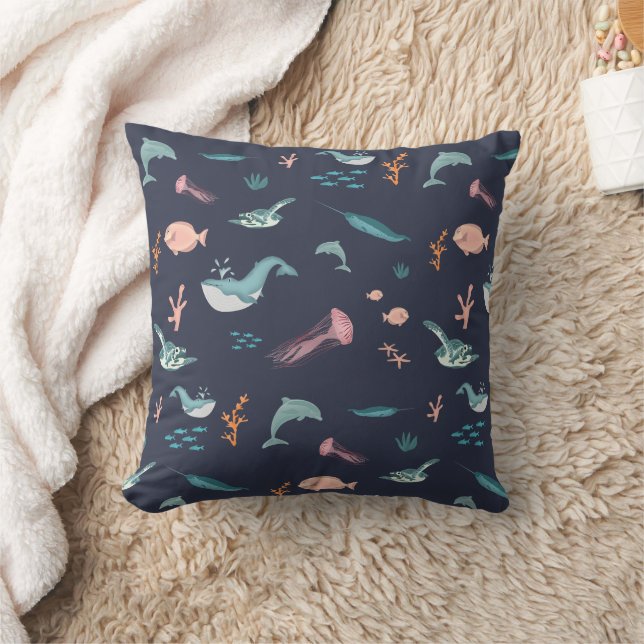 Watercolor Ocean Sea Animals Blue Pattern Cushion (Blanket)