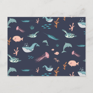 Watercolor Ocean Sea Animals Blue Pattern Holiday Postcard
