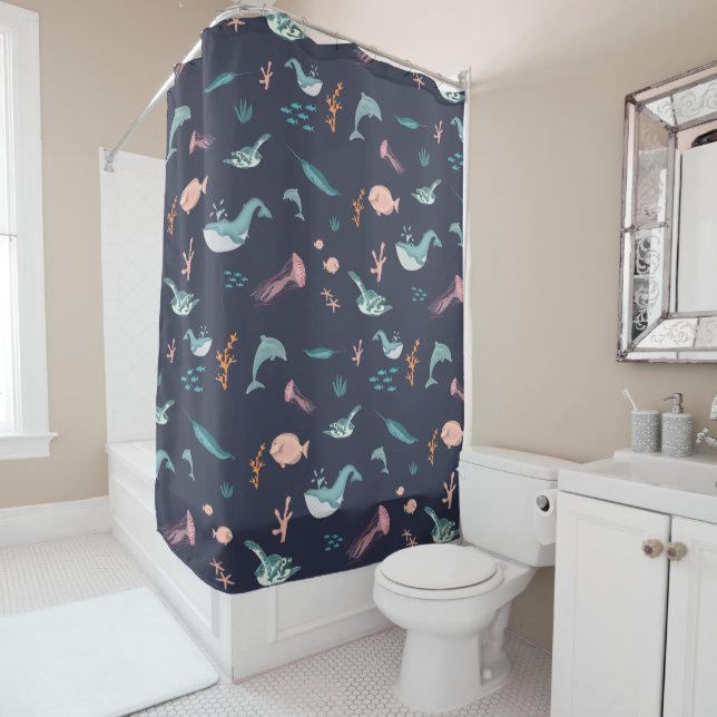 Watercolor Ocean Sea Animals Blue Pattern Shower Curtain (In Situ)