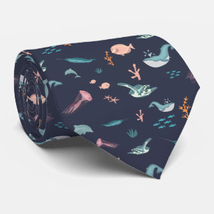 Watercolor Ocean Sea Animals Blue Pattern Tie