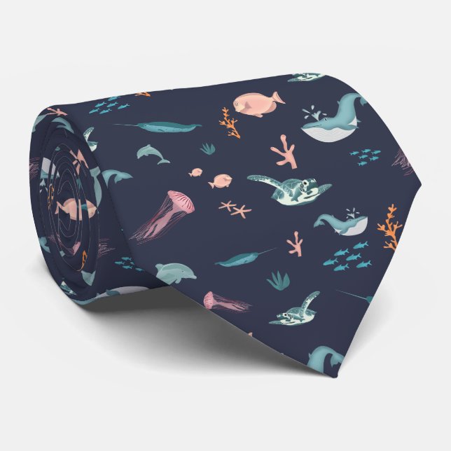 Watercolor Ocean Sea Animals Blue Pattern Tie (Rolled)