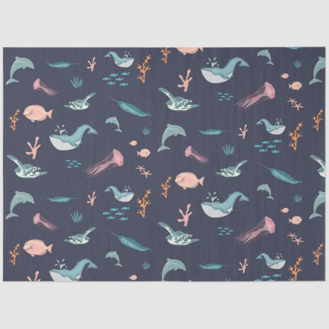 Watercolor Ocean Sea Animals Blue Pattern Tissue Paper (Front)
