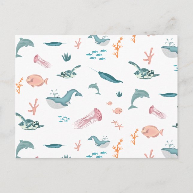 Watercolor Ocean Sea Animals Blush Pattern Holiday Postcard (Front)