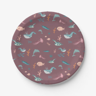 Watercolor Ocean Sea Animals Blush Pink Pattern Paper Plate