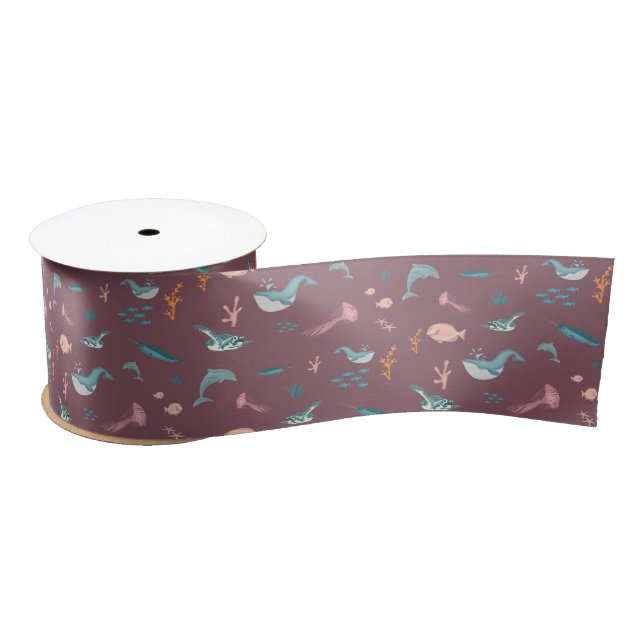 Watercolor Ocean Sea Animals Blush Pink Pattern Satin Ribbon (Spool)