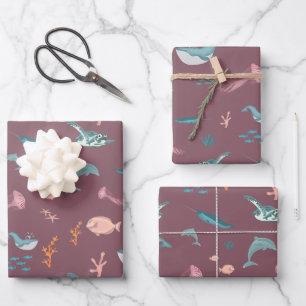 Watercolor Ocean Sea Animals Blush Pink Pattern Wrapping Paper Sheet