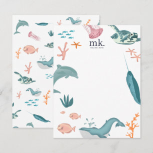 Watercolor Ocean Sea Animals Monogram Card