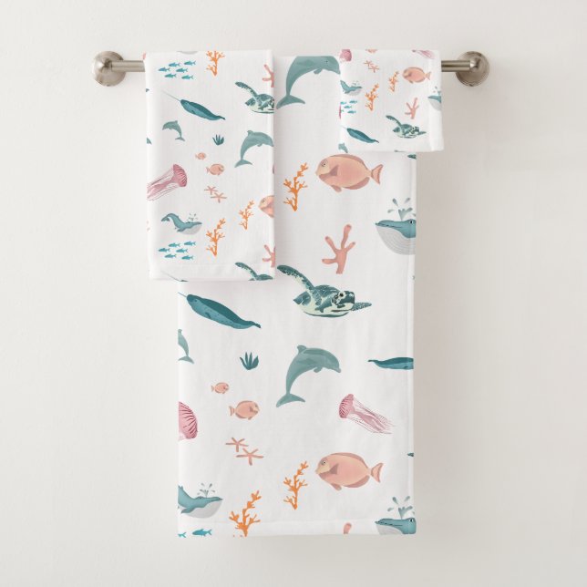 Watercolor Ocean Sea Animals Pattern Bath Towel Set (Insitu)