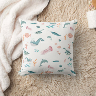 Watercolor Ocean Sea Animals Pattern Cushion