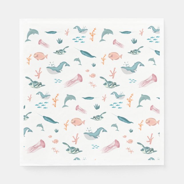 Watercolor Ocean Sea Animals Pattern Napkin (Front)