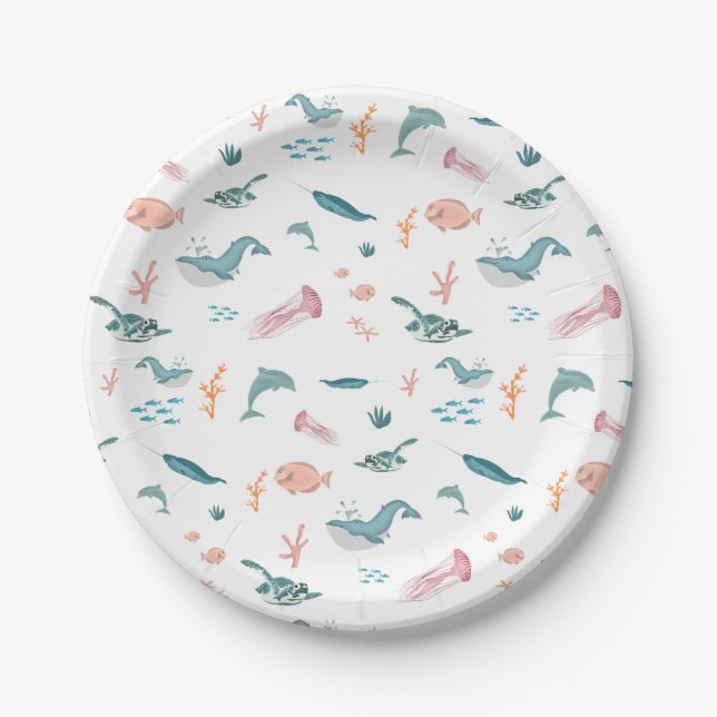 Watercolor Ocean Sea Animals Pattern Paper Plate (Front)
