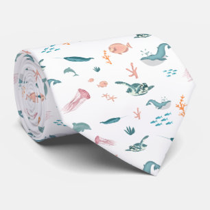 Watercolor Ocean Sea Animals Pattern Tie
