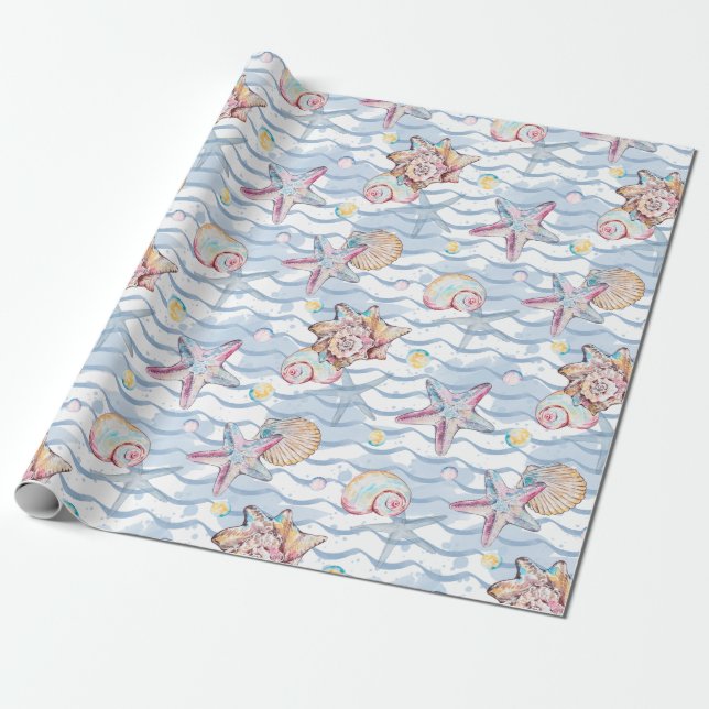 Watercolor Ocean Sea Animals Pattern Wrapping Paper (Unrolled)